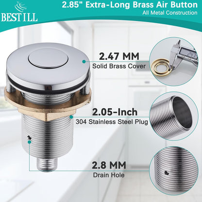 BESTILL Garbage Disposal Air Switch Kit - UL Listed, Brass 2.95" Short Sink Top On/Off Switch Button for Food Waste Disposer, Chrome, Compatible with all Garbage Disposals