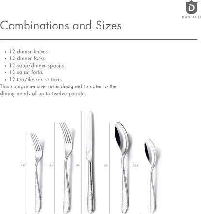 Hammered Silverware Set | Premium 18/10 Stainless Steel Flatware Service for 12 | Heavy-Duty & Dishwasher Safe | Built to Last (60-Piece, Fidenza Hammered)