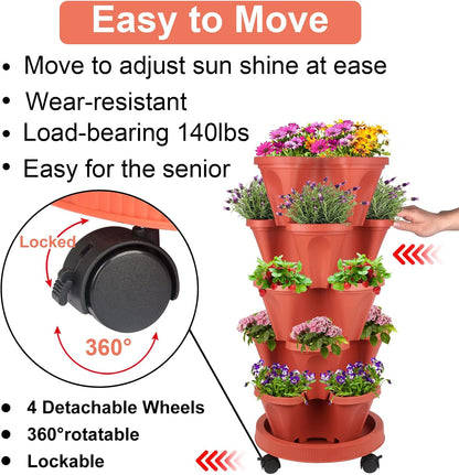 DUNCHATY Stackable Planter with Removable Wheels and Garden Tools, Garden Planting Tower Planters, Indoor Outdoor Gardening Pots - 5 Tier Vertical Planter