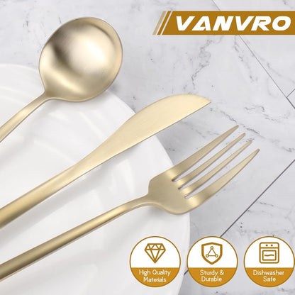 Matte Champagne Gold Silverware Set, 60-Piece Stainless Steel Flatware set, Service for 12, Tableware Cutlery Set, Satin Finish,Utensils for Kitchen, Dishwasher Safe