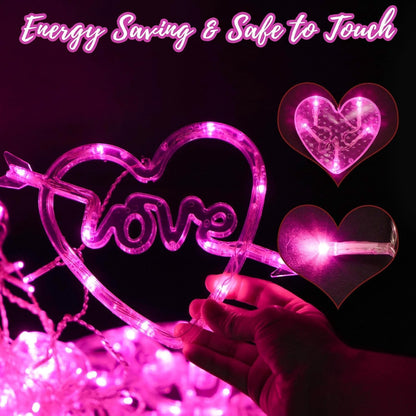 Valentines Day Decor, 138LED Love Heart Curtain Lights with Remote 8 Modes for Bedroom, USB and Battery Powered Valentines Lights for Wedding Birthday Anniversaries Party Decor (Pink)