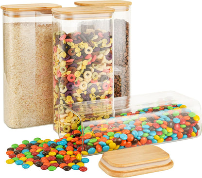 64oz Rectangle Airtight Glass Storage Containers with Bamboo Lids (Set of 4), Square Food Storage Jar, Pantry Organizers for Cereal, Flour, Pasta and Coffee beans (‎with Black Lable)