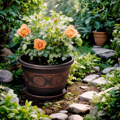 6 Pack 8 inch Plant Pots, Retro Pattern Planters with Drainage Holes and Saucer, Sturdy Plastic Garden Flower Pots for Indoor & Outdoor Plants