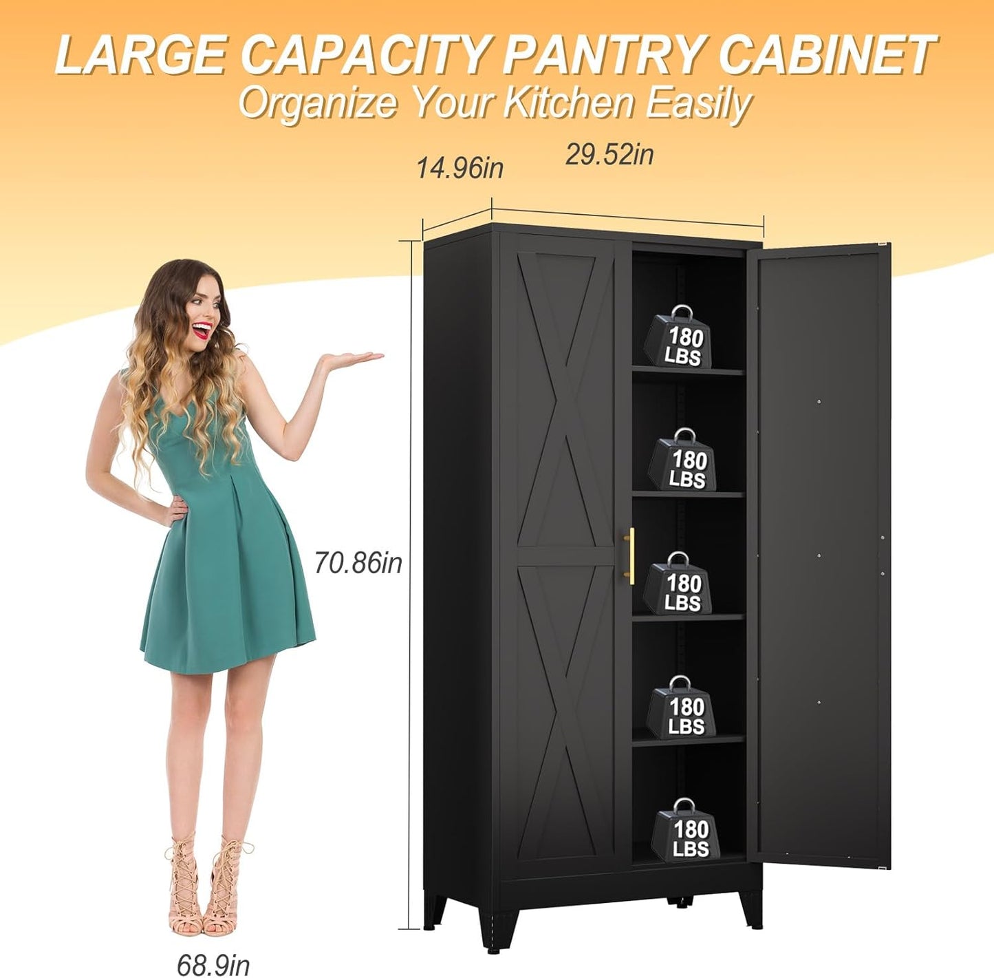 71" H Metal Kitchen Pantry Storage Cabinet, Freestanding Cupboard with 2 Doors and 4 Adjustable Shelves, Standing Storage for Kitchen, Bathroom, Garage, Dinning Room or Utility Room（Black）