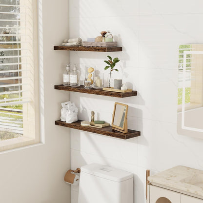 Fun Memories Floating Shelves Wall Shelf 24 inches Long, Farmhouse Bathroom Shelves Bedroom Kitchen Living Room Shelf Wall Mounted, 24 x 6.7 x 1.4 inch Set of 3, Rustic Brown