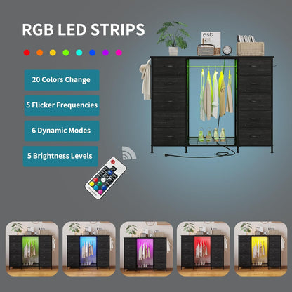 LUMTOK 55" W 2-in-1 Dresser with Hanging Rack, 10 Drawers Dresser for Bedroom,Dressers with Fabric Drawers,LED Lights, Charging Station and Hanging Racks for Bedroom