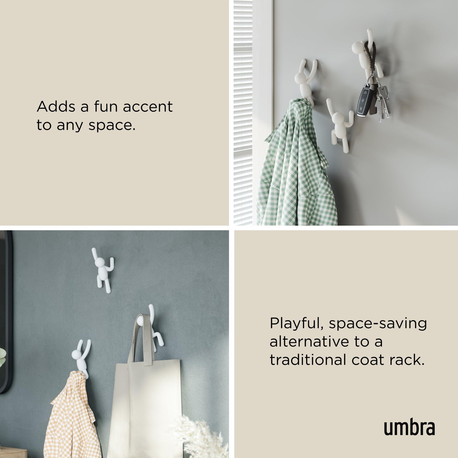Umbra Buddy Wall Hooks, Decorative Wall Mount Coat Hooks, Set of 3, White