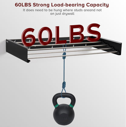 Wall Mounted Laundry Drying Rack, Retractable Clothes Drying Rack for Bathroom with Wall Template, 5 Stainless Rods Heaving 60 lb Capacity (Black, 31.5")