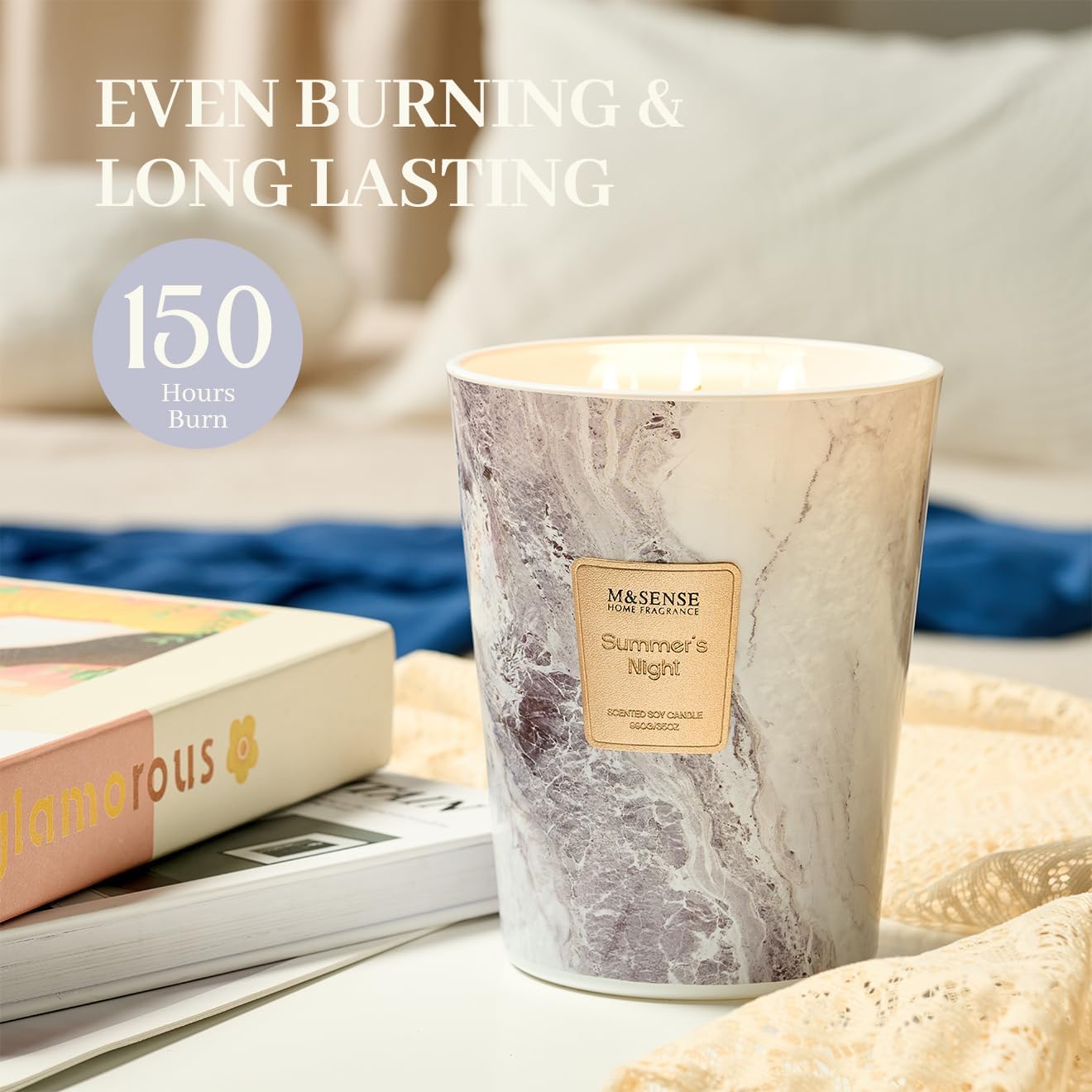 M&SENSE Summer Night Scented Candles for Home, 3-Wick Highly Scented Jar Candles, Extra Large Candle 35 Oz 150 Hours Long Lasting Burning, Relaxing Aromatherapy Candle for Stress Relief, Meditation