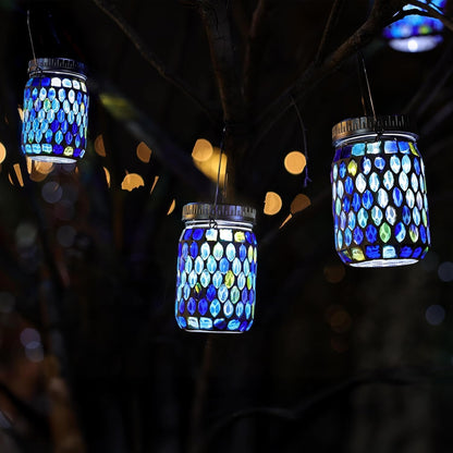Cooo 2 Pack Mosaic Lanterns Outdoor Waterproof with 215% Larger Solar Panel, Never Rust Lids, True Capacity Battery- Solar Mason Mosaics Jar Lantern for Patio Garden Yard Balcony Hanging or Table