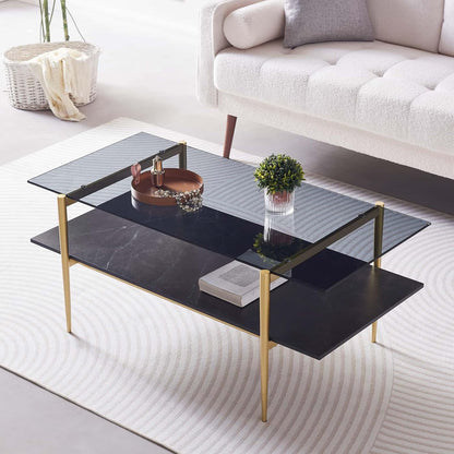 Rectangle Coffee Table for Living Room, Mid-Century Modern Design, L41 x W21 x H17, 2-Tier Structure, Clear Glass Top and Black Marble Wood Shelf, Conical Metal Legs with Gold Finish