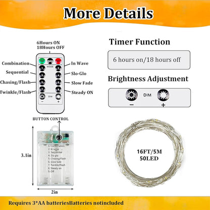 4-Pack Fairy Lights Battery Operated with Remote & Timer & 8 Modes, Waterproof 16 FT 50 LED String Lights Outdoor Indoor, Battery Twinkle Lights for Christmas Bedroom Centerpiece Décor (Cool White)