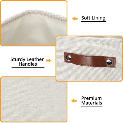 DULLEMELO Storage Bins, 4 Pack Of 13x13x13 Decorative Storage Cube Bins Suit Office, Home, Shelves And Closet, Cube Storage Bin with Leather handle(4 Pack - 13" Beige)