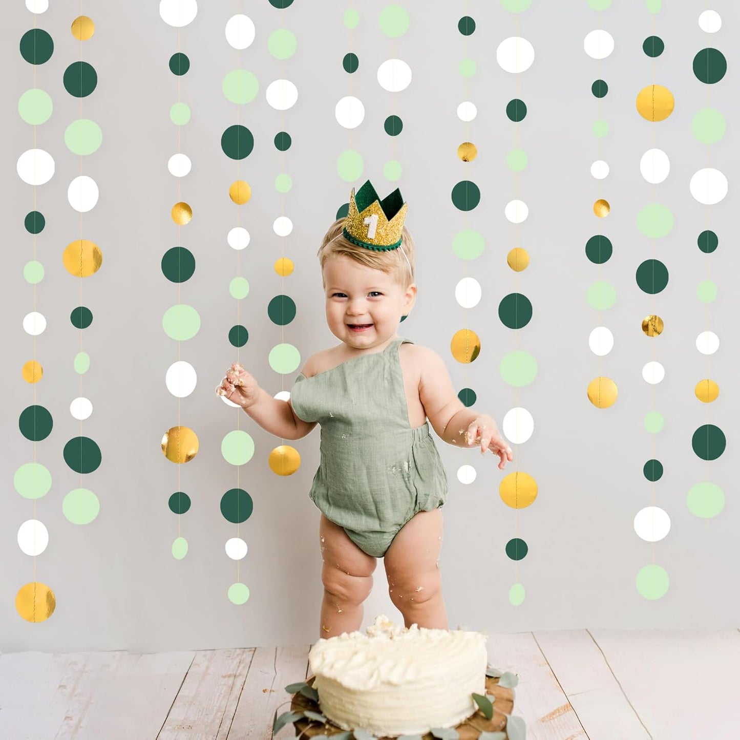 46 Ft Sage Green Gold Party Decorations Polka Dots Garlands Hanging Paper Circle Dots Streamer for Safari Wild Woodland Jungle Theme Birthday Baby Shower Graduation Wedding Party Decorations Supplies