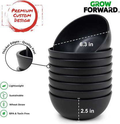 Grow Forward Premium Wheat Straw Bowls - 27oz Microwave Safe Plastic Cereal Bowls Set of 8 for Kitchen, Camping, RV, Dessert, Snack, Soup, Salad, Fruit - Reusable, Unbreakable & BPA Free - Midnight