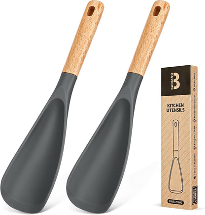 Cooking Spoon for Nonstick Cookwares, Great for Cooking and Serving Sturdy BPA-Free Matte Silicone, Wood Handle Spoon for Mixing, Scoop, and Scrape (2 Pack of Grey, 11.4 inch)