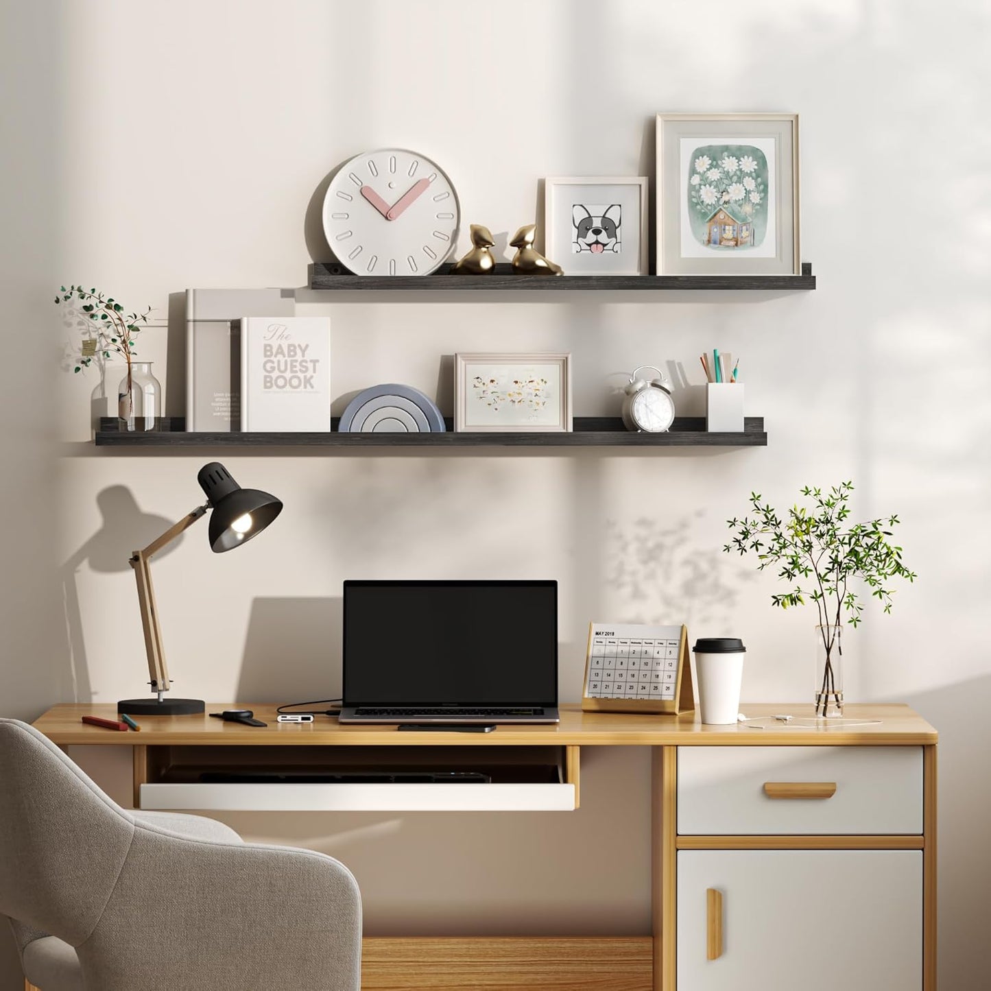 Floating Shelves for Wall, Picture Ledge Shelf 55 Inch Solid Wood Set of 2, Rustic Wall Shelves with Lip, Kids Bookshelf, Photo & Picture Live Edge Floating Shelves for Bedroom, Living Room, Kitchen