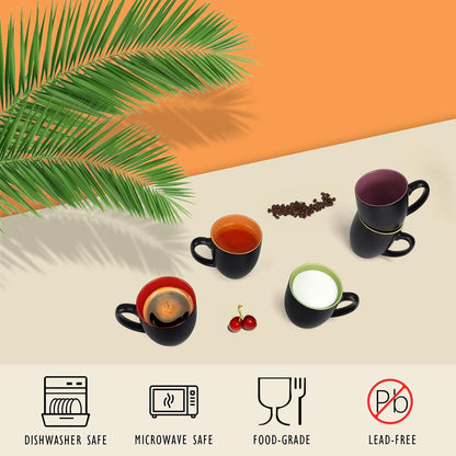 16 OZ Stoneware Coffee Mug Set of 6, Black Ceramic Mug with Different Color Inside, Colorful Porcelain Mug with Handle for Latte Espresso Cappuccino