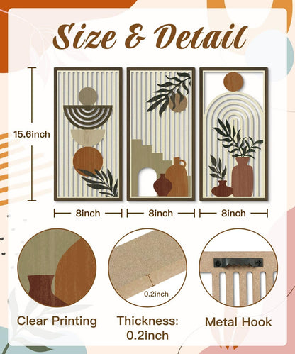 Putuo Decor Boho Wall Art Set of 3, Abstract Geometric Wooden Wall Decor, Mid-Century Modern Aesthetic Artwork with Arch, Vase & Botanical Design for Living Room, Bedroom, Office, 16.5 x 8.6 Inch