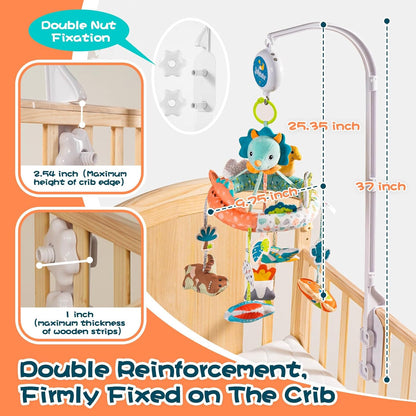 Jollybaby Nursery Baby Automatic Rotating Dinosaur Crib Mobile with Music Box & Arm, Montessori Sensory Musical Hanging Toy for Bassinet, Newborn Clip on Crib Mobile Soother Toy Gift, Polyester