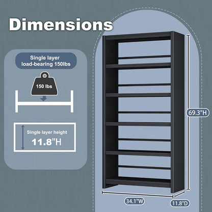 Bookshelf, 5 Shelf Bookcases, Tall Bookcase for Heavy Books, CDs, Movies, Garage Kit, Modern Display Shelf for Library Home Office Bderoom Living Room, Metal Bookshelves Industrial Black