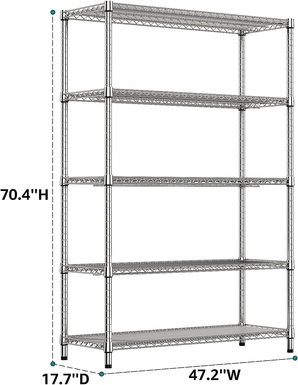 IZEUK 4250 LBS Garage Shelving Wide Storage Shelves 5 Tier Metal Shelves Heavy Duty Adjustable Utility Shelf Rack Chrome 17.7" D x 59.1" W x 70.4" H