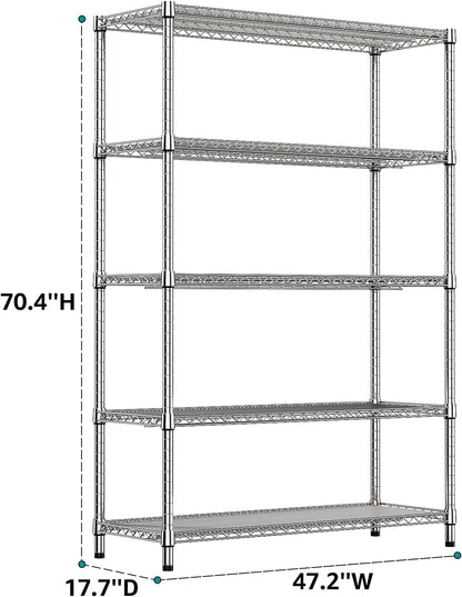 IZEUK 4250 LBS Garage Shelving Wide Storage Shelves 5 Tier Metal Shelves Heavy Duty Adjustable Utility Shelf Rack Chrome 17.7" D x 59.1" W x 70.4" H