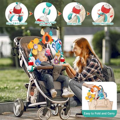 Baby Stroller Car Seat Toys,Adjustable Crib Mobile Activity Arch Toys with Sound Toy and Baby Hanging Toys,Sensory Play Travel Bouncer Bassinet Toy for Toddler Boy Girl 0 3 6 9 12 24 Month