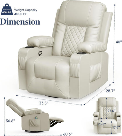 Recliner Chairs for Adults, Massage Rocker with Heated Modern Ergonomic Lounge 360 Degree Swivel Single Sofa Seat Living Room Lounge Recliners Ivory White