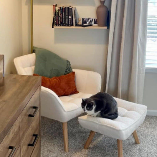 White Sherpa Accent Chair with Ottoman ，Modern Reading Chair with Ottoman Set, Comfy Fuzzy Armchair