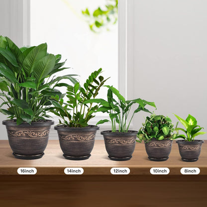 Plastic-Plant-Flower-Planters-14 Inch with Drainage Hole & Saucer, 3 Packs Lightweight Large Resin Flower Pot Indoor Outdoor, Retro Antique Imitation Decorative Garden Containers Sets for Houseplants