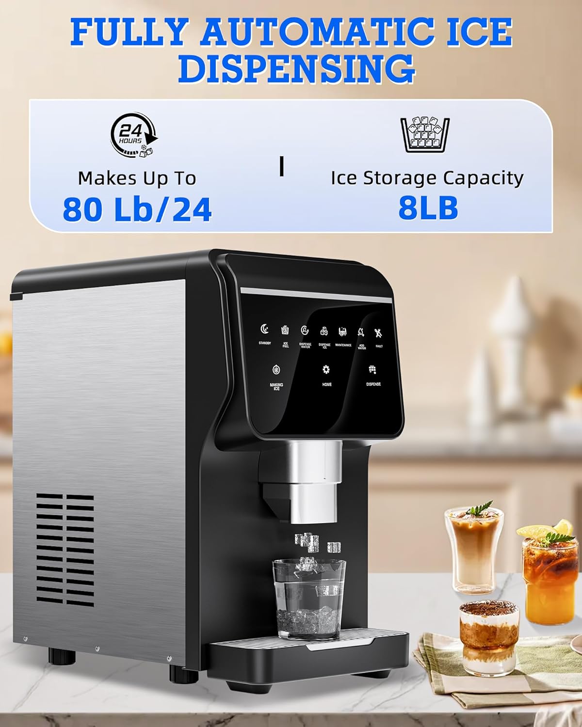 Nugget Ice Maker Machine 80LB/24H, Ice Makers Countertop 6 LB Ice Storage, Chewable Pellet, Ice Water, Self-Cleaning Function for Home/Office/Party/RV