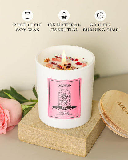 AOOVOO Rose Scented Candles for Women - Aromatherapy Candle with Crystals Inside, 10oz Soy Candles for Home Scented, Birthday Gifts Mothers Day Candle for Mom Women
