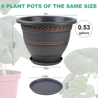 6 Pack 8 Inch Plant Pots, Plastic Flower Pot for Indoor & Outdoor with Drainage Holes & Saucer, Plaid Pattern Planters Garden Pots for Herbs