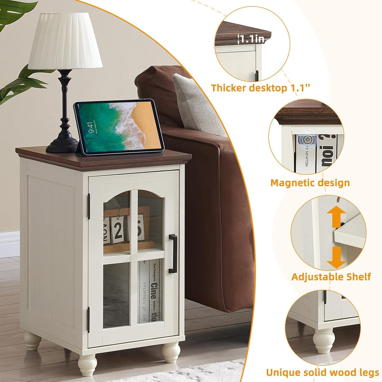 Narrow Side Table,Farmhouse Nightstand with Charging Station,Wood End Table with Glass Barn Door Storage, Cabinet Organizer with Adjustable Shelf, Night Stand for Small Spaces for Living Room Bedroom