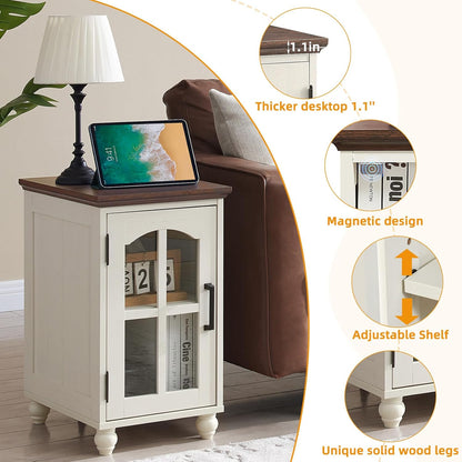 Narrow Side Table Set of 2,White Nightstand with Charging Station,End Table with Glass Barn Door Storage, Cabinet Organizer with Adjustable Shelf, Night Stand for Small Spaces Living Room Bedroom