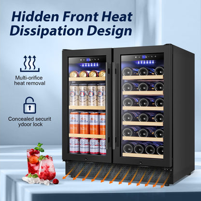 Tylza 30 Inch Wine and Beverage Refrigerator, Dual Zone Wine Beverage Cooler 30" with French Door, Under Counter Wine Beer Fridge Built-In or Freestanding, Holds 29 Bottles and 110 Cans, Black