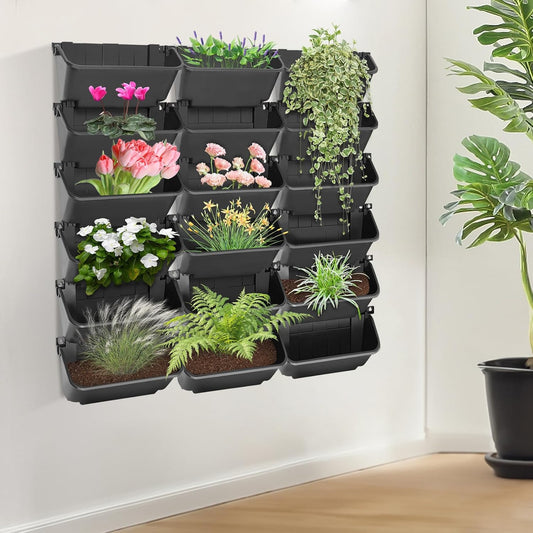18Pcs Vertical Wall Planter, 13 inch Wall Mounted Garden Planters, Plastic Wall Hanging Planter with Drainage Holes, Wall Planters for Patio Outdoor Decor, Balcony Plant Hanging Flowerpot (Black)