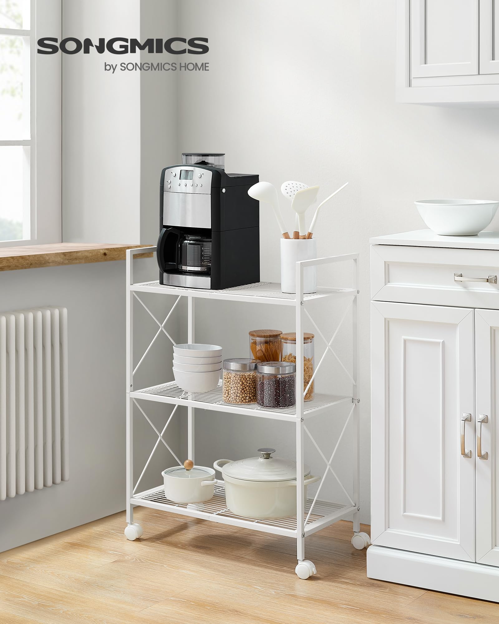 SONGMICS 3-Tier Metal Storage Rack with Wheels, Mesh Shelving Unit with X Side Frames, 23.6-Inch
