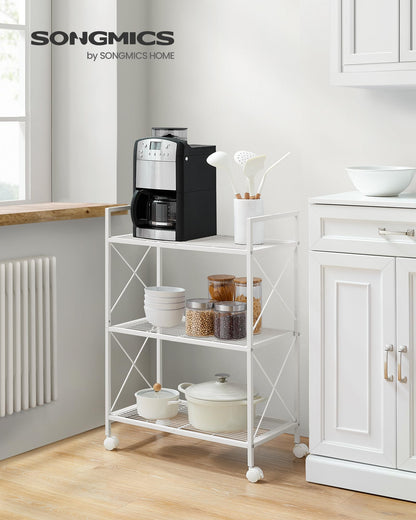 SONGMICS 3-Tier Metal Storage Rack with Wheels, Mesh Shelving Unit with X Side Frames, 23.6-Inch