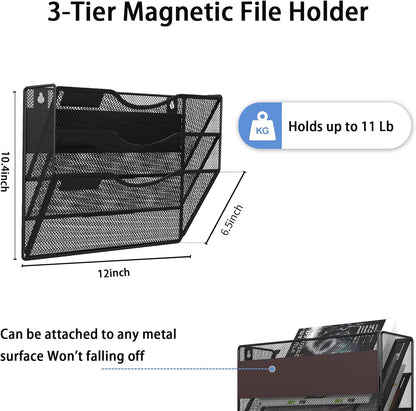 3-Tier Magnetic File Holder, No Drilling Installation File Cabinet Organizer, Black Magnetic File Organizer, Magazine Rack, Magnetic Paper Holder for Refrigerator, File Cabinets, Whiteboard