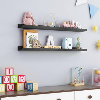 Picture Ledge Shelf for Wall, 36 inch Solid Pine Wood Nursery Book Shelves 2 Packs, Floating Ledge Shelves for Kids' Room Bedroom Bathroom Living Room Photo Frames Office Nursey Wall Decor, Black