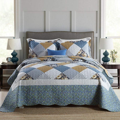 NEWLAKE Quilt Bedspread Sets-Checkered Floral Reversible Coverlet Set,Queen Size