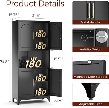 75" Tall Kitchen Pantry Storage Cabinet, Metal Storage Cabinets with 4 Doors and Adjustable Shelves, Black Kitchen Hutch Cabinet with Microwave Stand, Large Cupboard for Dining Living Room