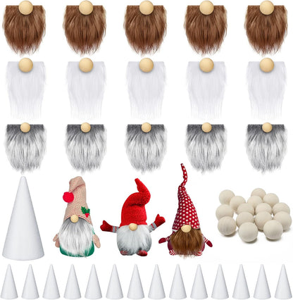 Sosation 60 Pcs Gnomes Beard Sets Faux Fur Pre Cut Gnomes Beard Foam Cone Foam Handmade Wood Balls for Halloween Christmas Day Crafts(Grey, Brown, White)