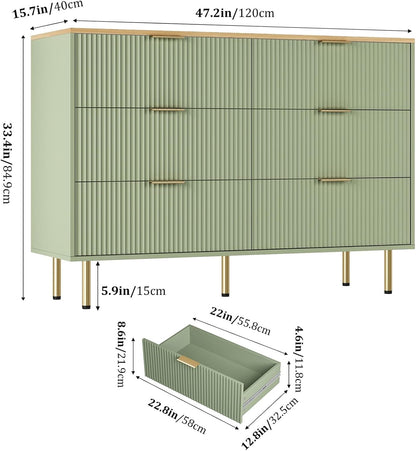 Fluted Wood Dresser 6 Drawers Dresser for Bedroom, Large Modern Chest of Drawers, for Bedroom, Living Room, Hallway, Entryway, Green and Oak