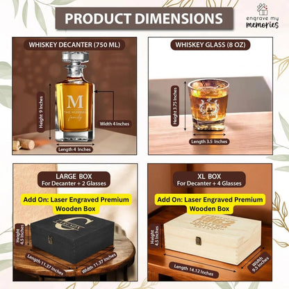 Personalized Square Whiskey Decanter Set for Men 750ml Luxury Gift for Valentine's, Birthdays, Anniversaries - Liquor Decanters with 2 or 4 Glasses Retirement, Weddings - 24 Engraved Design Options