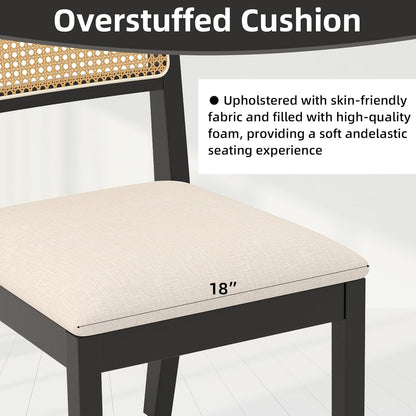 Westice Rattan Dining Chairs Set of 4, Farmhouse Natural Dining Room Chairs with Upholstered Cushion, Wood Armless Chairs for Kitchen/Restaurant, Black