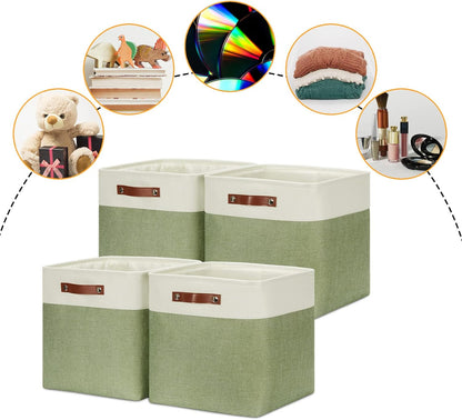 DULLEMELO Storage Baskets for Organizing, Linen Closet Organizers and Storage Baskets for Dog Toy Box, 13 Inch Decorative Cube Storage Bins with handle for Baby Gift Basket(4 Pack - 13" White&Green)
