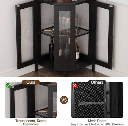 Corner Bar Cabinet with Power Outlet, 5-Tier Corner Wine Cabinet with Led Strip and Glass Holder, Industrial Tall Liquor Cabinet Bar Wine Rack for Home，Black